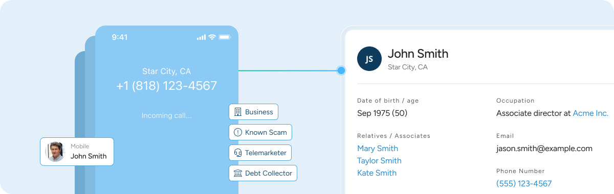 Reverse phone lookup illustration showing caller identity details
